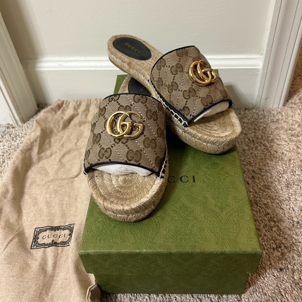 Gucci GG Beige Matelassé Canvas Espadrille Sandal